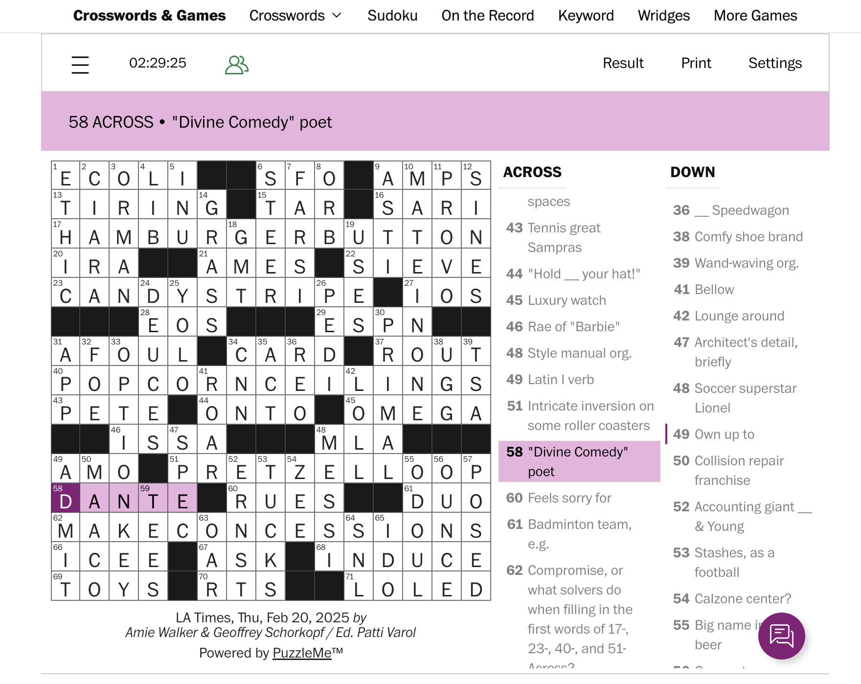 Washington Post Daily Crossword, February 20, 2025